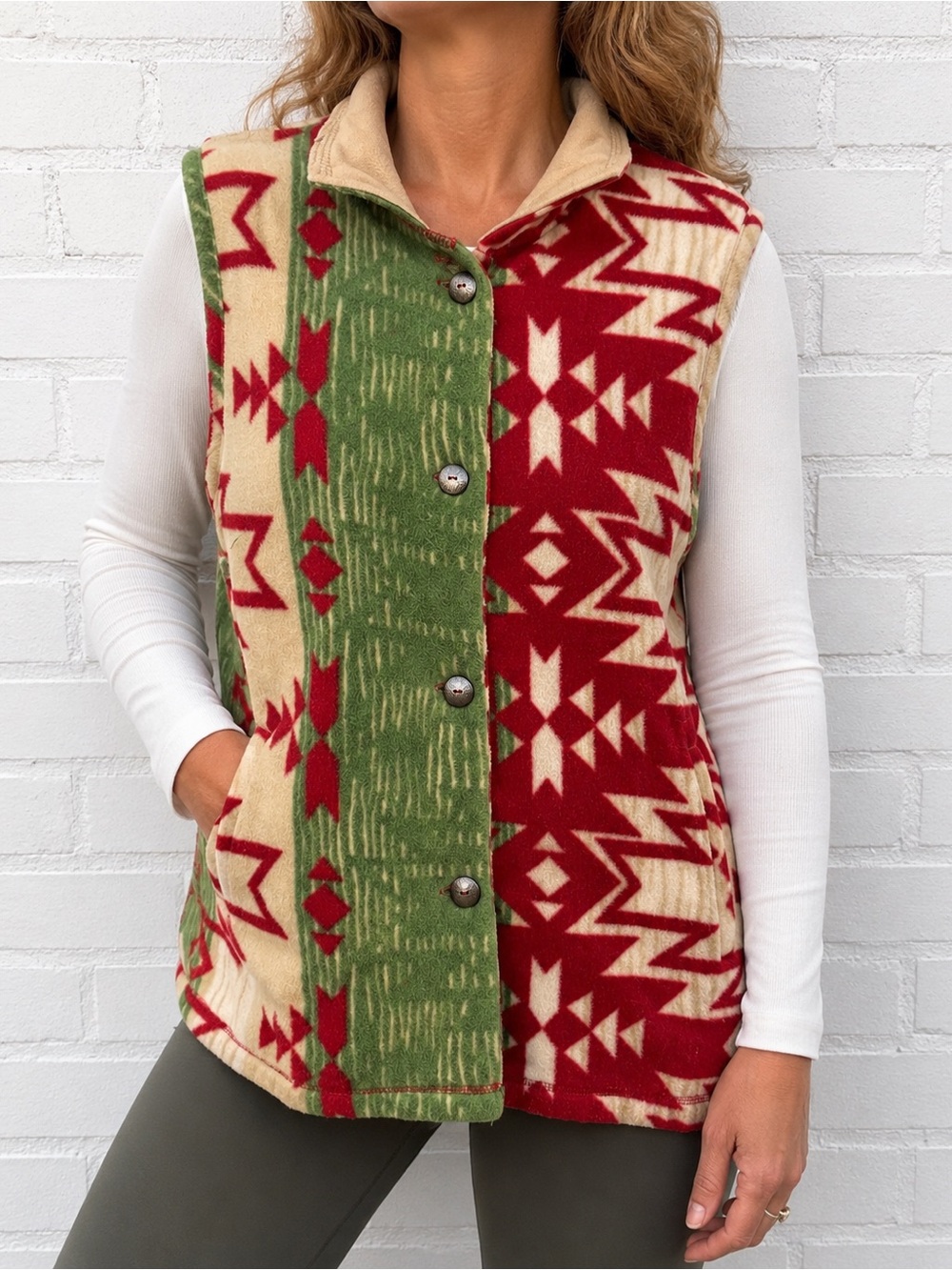 Vintage Rebecca Malone Fleece Vest L Southwest Aztec Red Green Polyester